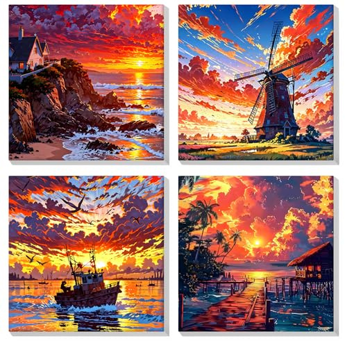 MOGTAA 4 Pack Landscape Paint by Number for Adults Beginners with Frame, Paint by Numbers for Kids, Acrylic Paint by Number on Canvas, DIY Oil Painting by Number Kits for Gift Decor 20x20cm