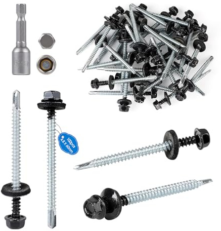 SUPAWAY Lot de 100 Vis auto-perceuses en tôle M4,8x60 mm Tête hexagonale autoperceuse RAL 7016 Gris Vis autoperceuses peintes avec rondelles EPDM et clé à douille M8 Vis tole toiture pour plus fixatio