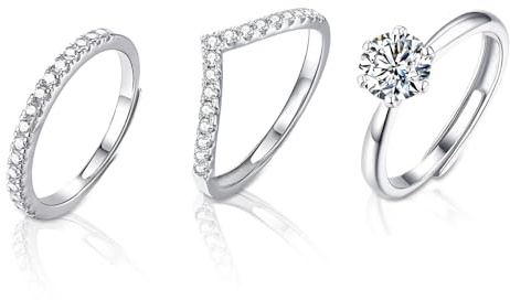 3Pcs Sterling Silver Rings for Women, Adjustable 925 Sterling Silver Rings Women, Stackable Ring with Small Diamond Line, V-Line and 1 Carat Diamond Ring, Elegant Jewellery Gifts for Womens