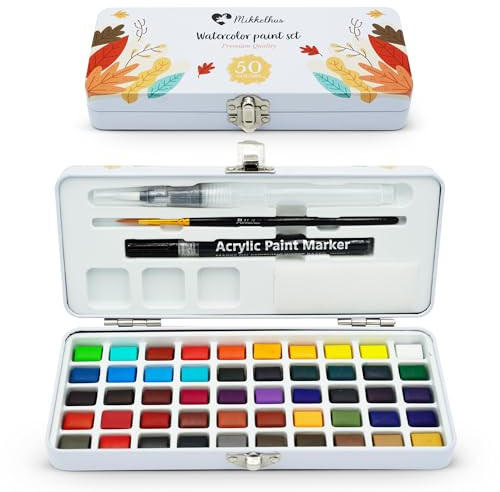 Mikkelhus Aquarellfarben Set – 50 Farben in Metallbox mit Pinsel & Aquarellpapier | Wasserfarben Malset für Reisen, Anfänger & Künstler