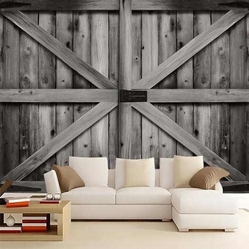 3D Panoramic Photo Wallpaper 59 x 41 inch (W x H), Light Gray Non-Woven Photo Wall Wall Mural for Bedroom Living Room Corridor - Premium Artistic Wood Board Farm Pattern