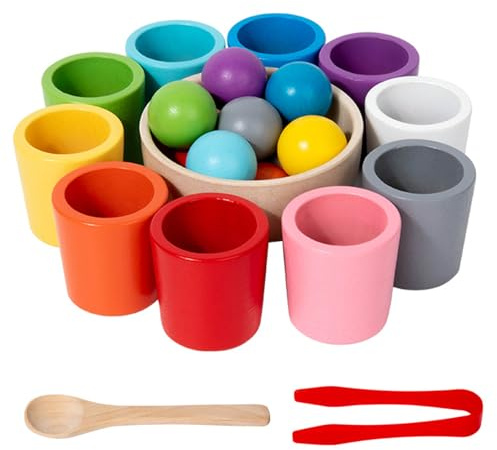 Jeux Montessori pour Tout-petits avec Balles Arc/en/ciel Dans des Coupes, Jouets de Tri des Couleurs pour Enfants de 1 à 3 Ans, Jeu D'association avec Cuillère et Pince, Jeux de Correspondance en Bois
