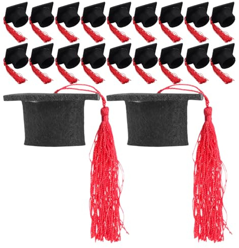 FOMIYES 20 Mini Cappellini da Laurea con Nappe Rosse in Feltro per Decorazioni di Feste Bomboniere e Lavoretti Creativi Piccoli Cappelli da Laurea per Bottiglie Torte e Addobbi