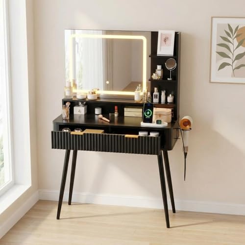 Dressing Table with LED Light, Vanity Desk with 3-Colour Lighted Mirror, 2 Drawers, 4 Open Shelves, Hair Dryer Holder & Metal Legs, Makeup Desk with Built-in Plug & USB for Bedroom 80x35x132cm - Black