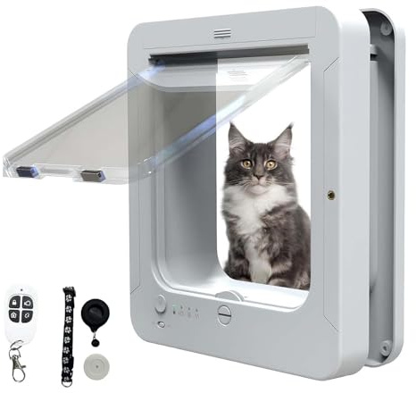 Smart Cat Door with Microchip and RFID, Electronic Pet Flap for Cats and Small Dogs, Weatherproof Exterior Door Access with 2 Sensor Collars and Remote Control,A
