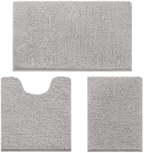 HOMEIDEAS 3 Pieces Bathroom Rugs, Ultra Soft Non Slip Absorbent Chenille Toilet Bath Mat Set (Light Grey)