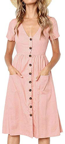 Summer Dresses for Women Casual Midi Dress Short Sleeve Shirt Dress V Neck Button Decoration Swing A Line Tunic Dress with Pockets Size XL = UK 14-16 Pink