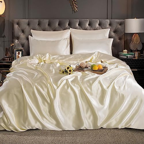 ROOEE Juego completo de ropa de cama de seda satinada, 6 piezas, sábana bajera, funda nórdica, 4 fundas de almohada. Color: crema, tamaño Super King