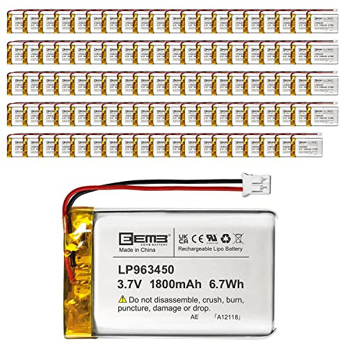 EEMB Lithium Polymer battery 3.7V 1800mAh 963450 Lipo Rechargeable Battery Pack with wire JST Connector for Dashcam and Bluetooth Speaker-confirm device & connector polarity before purchase(100)