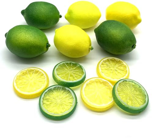 SwirlColor Zitronen Deko, 12 Stück Künstliche Plastik Zitronen und Limetten Scheiben Gefälschte Frucht Faux Lebensartige Simulation Zitrone für Home Kitchen Party Dekoration
