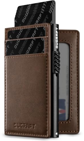 DUGRAFT Tarjetero Pequeña Hombre para Máx. 10 Tarjetas, Porta Tarjetas de Crédito Automático con Protección RFID, 1 Ranura para ID o Permiso de Conducir, Café