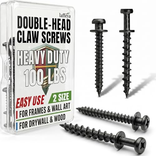 laffeya Picture Hanging Screws, Double-Headed Bear Claw Screw, 4in1 Hooks for Sawtooths, D-Rings, Wire and Keyholes (40, Black Mix Size)