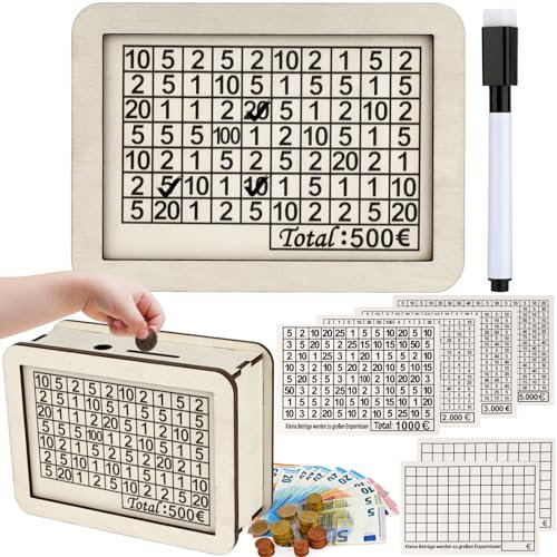 Ysimple 500-5000€ Hucha de Madera con Contador,Caja de Ahorros de Madera Reutilizable con 7 Pegatinas de Objetivos Diferentes y 1 Marcador,Ayuda a Niños y Adultos a Desarrollar el Hábito de Ahorrar