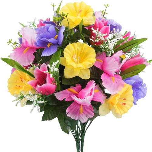 HO2NLE 14 Stems Artificial Daffodils Flowers Bouquet Mixed Fake Tulips Flowers 17 Bush Faux Silk Spring Floral Arrangements Grave Cemetery for Home Kitchen Table Centerpiece Indoor Decoration (2PCS)