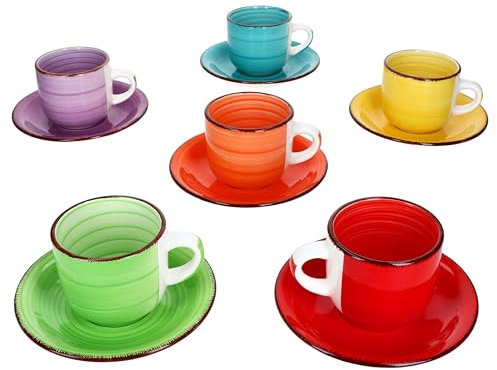MamboCat 6er Set Uni bunt Cappuccinotassen mit Untertassen I 200 ml I große Bunte Tassen + Untertasse aus Steingut für 6 Personen Strudel-Dekor