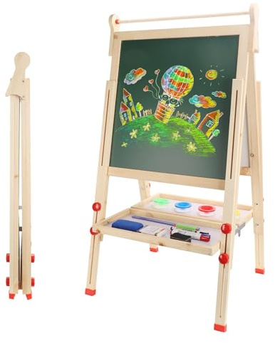 Dripex Tableau Enfant Double Face, Pliable Chevalet Enfant en Bois de 3+Ans | Réglable en Hauteur Tableau Noir et Tableau Blanc avec Craie Aimants Cadeau de Jouet Educatif Créatif pour Garçon Fille