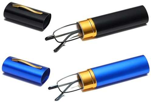 ZXYOO 2 Paia Occhiali da Lettura Anti Luce Blu – Montatura Metallica Leggera,Occhiali da vista unisex compatti con cerniera a molla, Custodia Portatile con Clip per Penna +2.50