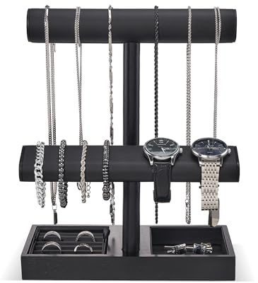 ProCase Watch Holder Stand for Men, Gift for Him Dad Father Boyfriend, Wood Jewelry Display Rack, Necklace Hanger Organizer for Chains Bracelets Rings -Black