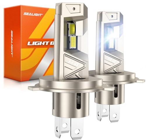 SEALIGHT H4 LED Lampadina 52000LM 6500K Bianco Freddo con Ventola di Raffreddamento per Motociclette e Auto, può Essere Utilizzato Come Abbagliante e Anabbagliante, Plug-N-Play, Confezione da 2