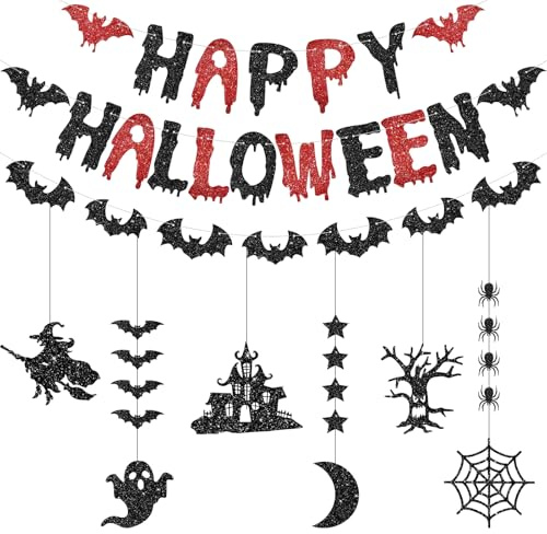 Happy Halloween Bannière Decoration Halloween Banderole, Papier Guirlande Chauve-Souris, Deco Halloween Interieur à Suspendre, Réutilisable Guirlande Halloween Decoration Interieur et Extérieure