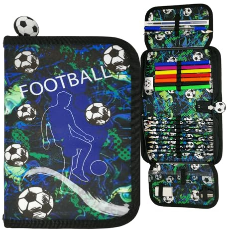 Theonoi Federmäppchen Federtasche Federmappe Mäppchen Etui 2 Fach Doppeldecker Schüleretui Stifteetui GEFÜLLT (Fußballl Fussball)