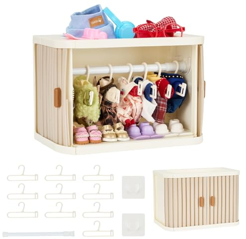 Foldable Doll Wardrobe Closet Compatible with Labubu Clothes – Stackable Storage Box with 10 Hangers, Rod & Display Shelf for 15/17cm Doll Outfits (Grey)