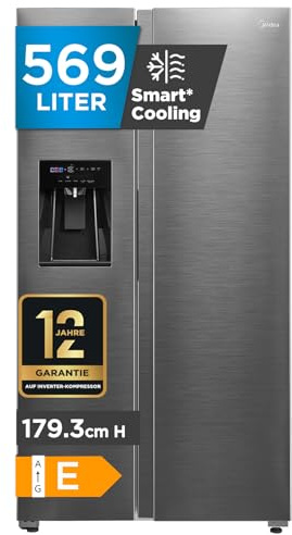 Midea Side-by-Side Kühl-Gefrierkombination 569 L | Eiswürfel- & Wasserspender, WiFi-Steuerung | No Frost, Multi-Air-Flow, Platinum Fresh | 178,6 cm, MDRS761MIE46