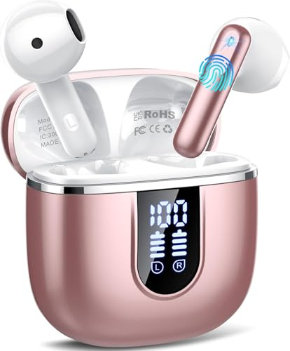 Auriculares Inalambricos Bluetooth, HiFi Estéreo Auriculares Bluetooth 5.4 con 4 HD Mic, 40H Cascos Inalambricos con ENC Reducción de Ruido, Pantalla LED, IP7 Impermeablem Cascos, Ajuste Cómodo, Rosa