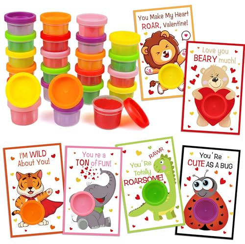 24 Pack Valentines Cards for Kids with Playing Dough, Valentines Day Gifts for Kids, valentines Day Cards for Kids School Classroom Exchange, Valentines Party Favors Valentines Goodies Bag Stuffers