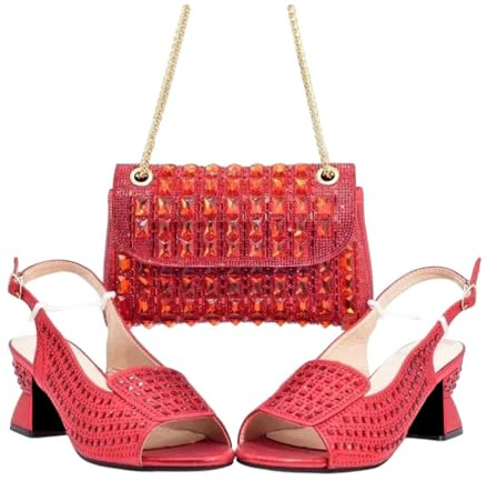 Set di scarpe da donna con punta aperta e borsa, décolleté in stile cristallo per feste, Rosso, 43 EU