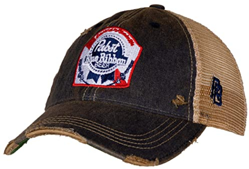 Pabst Blue Ribbon Retro märke nödställd PBR truckerkeps, Brunt/beige, en storlek