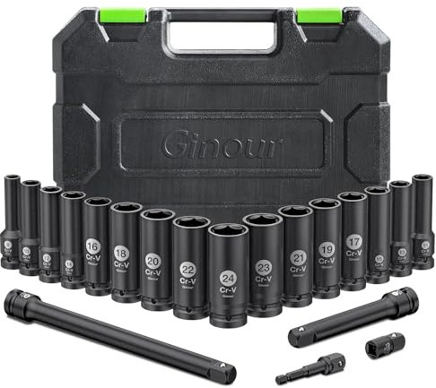 Juego de Vasos de Impacto 20 piezas, CR-V 8-24mm Ginour Vasos Impacto 16 piezas 1/2 Hexagonal con extensión de 3, 5 y 10 pulgadas y adaptador de 3/8 a 1/2