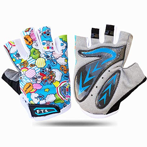 FINGER TEN Gants Velo Enfant Cyclisme Junior Running VTT Moto Demi-Doigt poignée Paire de Valeur, Gant Gel Résistant à l'abrasion Antideparant Mitaines Taille Petit Vert Rose Bleu (Bleu Ciel, S)