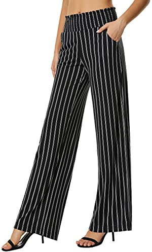 Urban Coco Palazzo - Pantalones para Mujer Bohemios, de Playa, de Pernera Ancha, de Descanso, de Cintura Alta, con Bolsillos, Negro/Blanco, Large