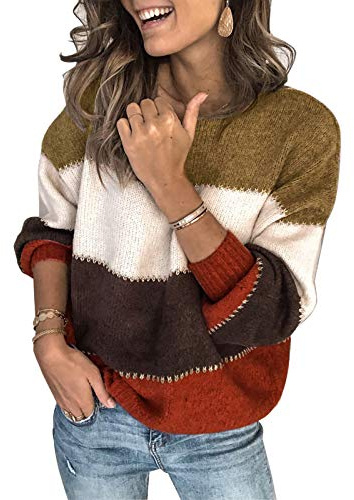 ANCAPELION - Jersey de punto grueso para mujer, casual, suéter de manga larga, diseño de color bloque, elegante, sudadera, cuello redondo, holgado, para otoño e invierno, para mujer, A-marrón., XL