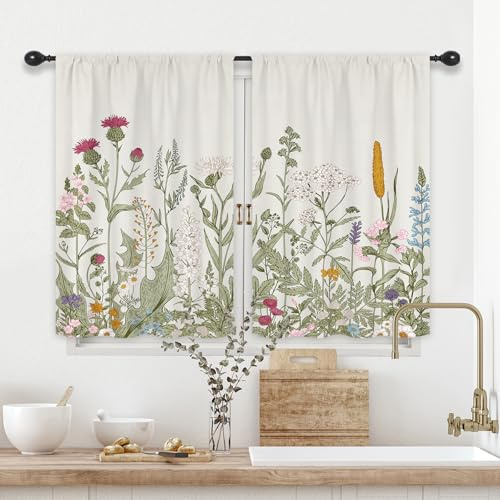 Riyidecor Cortinas Cortas de Cocina con diseño de Hojas de Color Verde Claro, con Flores Silvestres, Flores Silvestres, Bolsillo para Barra, para Granja, cafetería, Hierbas, Vintage, Lindas, para