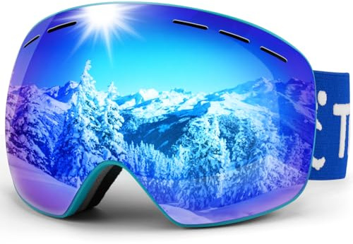 Trusiel Lunette de Ski, Masque Ski Sphériques avec Anti-UV, Anti-Buée, Coupe-Vent, Lunettes de Snowboard OTG Ajustables, Compatible avec Casque pour Ski Snowboard Autres Sports Hiver (Bleu (VLT 15%))