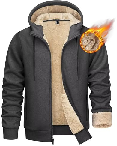 KEFITEVD Huvtröjor för män, sherpa fleecefodrad jacka med huva, vindtät sweatshirt, vinter, varm huvtröja med fickor