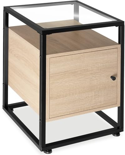 tectake® Nachttisch mit Glasplatte, 40 x 43 x 60,5 cm, Beistelltisch mit Tür, Zimmer Deko Wohnzimmer, Deko Schlafzimmer Möbel, Blumenständer, Nachtschrank - Industrial Holz hell, Eiche Sonoma