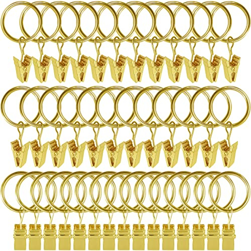 WeeksEight Lot de 44 anneaux de rideaux dorés avec clips, crochets de rideaux pour suspendre des rideaux, des nœuds, des chapeaux, des anneaux de draperie de 2,5 cm I D, s'adaptent à une tringle à