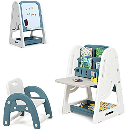 COSTWAY 2 en 1 Bureau Enfants avec Hauteur Réglable, Tableau Enfants Double Face en HDPE avec Tabouret & Etagère de Rangement, Chevalet Magnétique pour Enfants de 3 Ans+(Bleu.)