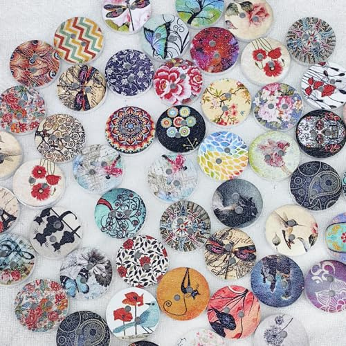 Libiline 100pcs 20/25/30mm Mix Pattern Wood Buttons 4 Holes Craft Clothes Sewing Button (15mm(5/8), Multi-Color)