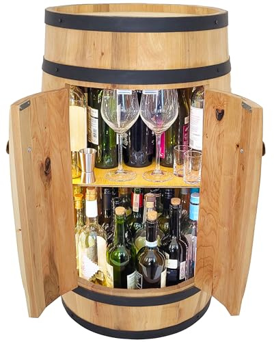 weeco Tonneau Bar en Bois avec Portes + Éclairage LED - Casier à Vin avec 1 Étagère - Armoire à Bouteilles - Meuble Bar Décoratif - Baril en Bois pour Salon et Cuisine - 80x50cm Bois Clair