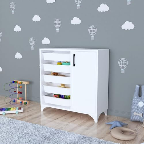 [en.casa] Beistellschrank Aurland Mehrzweckschrank Kommode mit 5 Ablagekörben Spielzeugschrank mit Aufbewahrungsboxen für Kinderzimmer Wohnzimmer 78,5x77x30cm Weiß