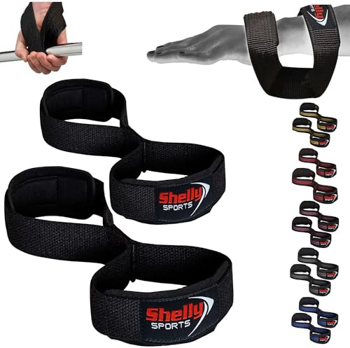 Shelly Weight Lifting Straps Figure 8 with Padded Cuff Wrist support Training Gym Straps Hand bar Grip Gloves Support Workout (Full Black)