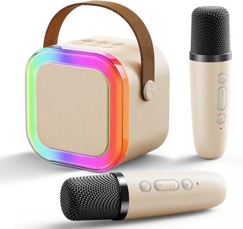 Mini máquina de karaoke para niños y adultos, máquina vocal portátil con 2 micrófonos inalámbricos, miles de canciones de karaoke, regalos de cumpleaños para niñas de 3 a 12 años (beige)