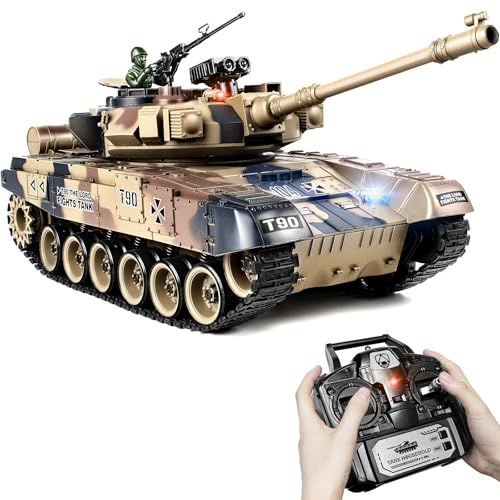 Tank Telecommande 1:18 T-90 avec Effets de Fumée et Sonores, Char Militaire RC 2.4GHz Qui Tire des Billes BBS Airsoft, Modèle de Char Radiocommandé Réaliste, Véhicule Blindé pour et Enfants Jouet