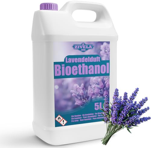Bioetanolo 96,6% 5 l, profumo di lavanda di alcool biologico 96,6% 5 l, bioetanolo per camino, caminetto, camino a bioetanolo, profumo di lavanda, combustione pulita, senza fumo, fiamma vivida e