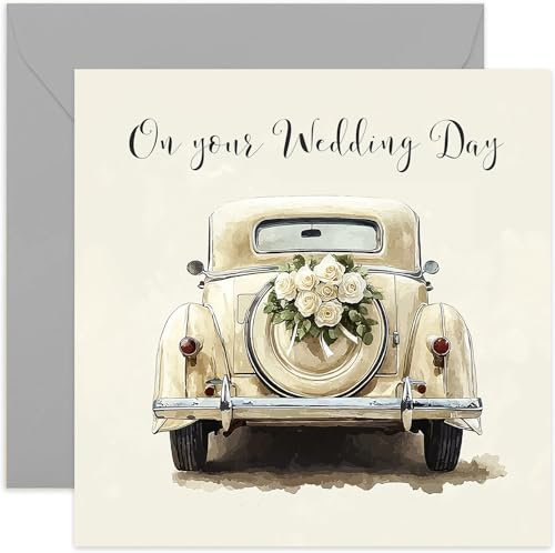 On Your Wedding Day Vintage Car Greeting Card - Traditional Wedding Card for Friends and Family - Beautiful Painted Artwork - For Mr and Mrs - Gift for Them