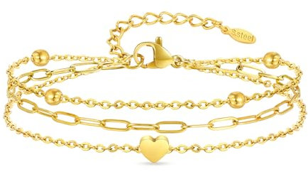 Armband Damen mit Herz Anhänger, Armbänder aus 18K Vergoldet Edelstahl, Damenarmband für Mama Ehefrau Freundin, Dreifach Herzarmband Armkette Freundinnen Geschenk für Geburtstag Muttertag (Gold)